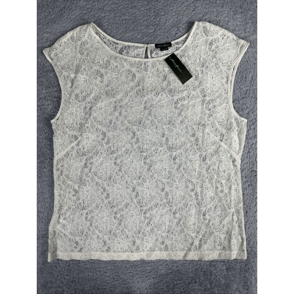 Eddie Bauer Women's Fairy Whimsy Feminine Sheer Lace Cap Sleeve Top XL Cream